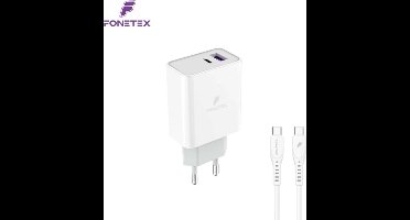 FoneTex 20W-wandoplader met 2 poorten en USB-C-oplaad voor iPhone 15 Series / 16 Series iPad en meer inclusief USB-C-kabel van 1M - Geschikt voor iPhone - Geschikt voor Samsung
