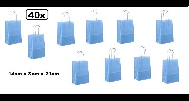 40x Koordtas papier licht blauw 14cmx8cmx21cm - goodiebag|papieren|draagtas|tas|koord|festival|kado|themafeest|party|geschenken