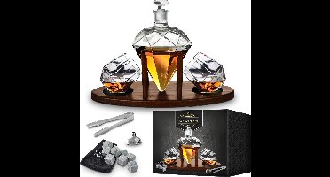 MikaMax Diamant Whiskey Decanter - Deluxe Uitvoering - Whiskey Set - Eiken Standaard - Whiskey Karaf - Whiskey Glazen - Whiskey Stones - Incl. Luxe Cadeauverpakking - 850ml