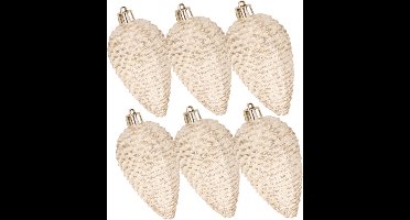 Decoris Dennenappels kersthangers - 6x st - creme wit - 8 cm - kunststof - kerstversiering