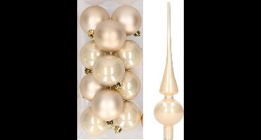 12x Champagne kunststof kerstballen met glazen piek glans - Kerstversiering