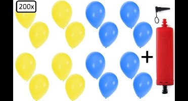200x Ballonnen geel en blauw + ballonpomp - Ballon carnaval festival feest party verjaardag landen helium lucht thema