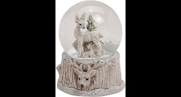 Sneeuwbol Hert en jong staand in de sneeuw met spar 6x6x8cm op kunstig bewerkte voet met hertenkop