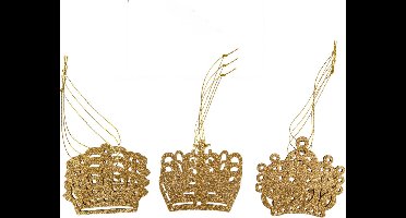 Cosy & Trendy Kersthangers kronen - 9x st - goud - 7 cm - hout - kerstornamenten - kerstversiering