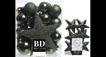 Kerstversiering kunststof kerstballen en hangers donkergroen 5-6-8 cm pakket van 39x stuks - Met ster vorm piek van 19 cm