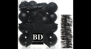 Kerstballen 5-6-8 cm 32x st met ster piek en slingers zwart - kunststof