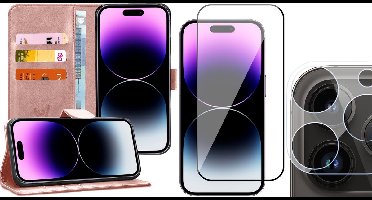 Hoesje geschikt voor iPhone 14 Pro - Book Case Kunstleer Wallet Cover Portemonnee Pasjeshouder Hoes Roségoud - Full Tempered Glass Screenprotector - Camera Lens Protector