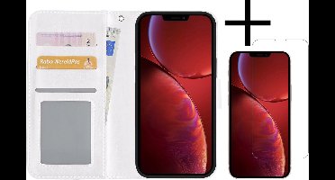 Hoesje - Met Screenprotector - Geschikt voor Apple iPhone 14 Pro Max - Luxe Pasjeshouder - Bookcase Portemonee - Flip Case - Kunstleer Book Case - Flipcase - Book Cover - Walletcase - Portemonneehoes - Wit