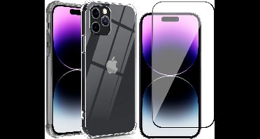 Hoesje geschikt voor iPhone 14 Pro Max - Anti Shock Proof Siliconen Back Cover Case Hoes Transparant - Full Tempered Glass Screenprotector