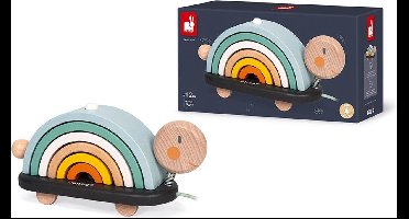 Janod Sweet Cocoon - Houten Trekfiguur Regenboog Schildpad - 2-in-1 Speelgoed: Trekfiguur en Constructiespeelgoed - Geschikt Vanaf 18 Maanden