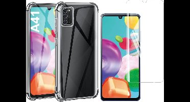Hoesje geschikt voor Samsung Galaxy A41 - Anti Shock Proof Siliconen Back Cover Case Hoes Transparant - Tempered Glass Screenprotector