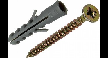 Pluggen met Schroeven. 10 stuks 8 mm. Kunststof, met verzinkte schroeven, 4.0 x 50mm. lang. Sam.