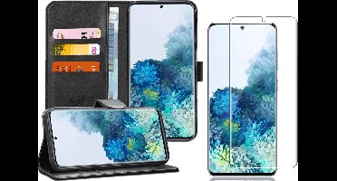 Hoesje geschikt voor Samsung Galaxy S20 Plus - Screen Protector GlassGuard - Book Case Kunstleer Pasjeshouder Zwart & Screenprotector