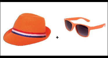1x Festival hoedje oranje + 1x Bril Blues brother oranje - Koningsdag EK WK Holland festival thema feest Orange