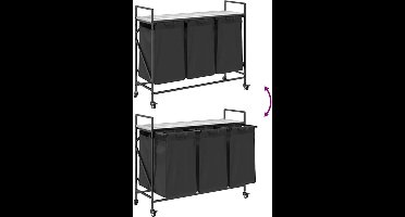 Wasmand – Wasbak – Laundry Basket – Wasbox – Wascontainer – 3 Compartimenten – Wieltjes Met Rem – Stevig Stalen Frame – Sonoma Grijs Houten Plank