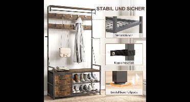 Kapstok – Wandkapstok – Schoenenrek – Zitbank – Opbergkast – Industrieel Design – 10 Haken & 2 Stoffen Lades – Metaal Bruin