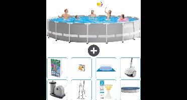 Intex Rond Prism Frame Zwembad - 610 x 132 cm - Grijs - Inclusief Pomp - Ladder - Grondzeil - Afdekzeil - Speelgoed - Stofzuiger - 9-delig