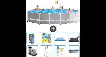 Intex Rond Prism Frame Zwembad - 610 x 132 cm - Grijs - Inclusief Pomp - Ladder - Grondzeil - Afdekzeil - Onderhoudspakket - Solar Mat - 9-delig