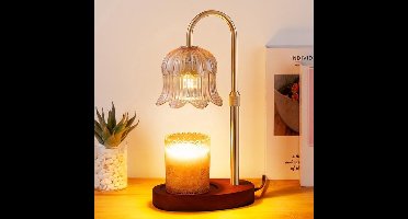 Waxkaarsverwarmer met timer - In hoogte verstelbaar, dimbaar licht, bloemenlampontwerp, vlamloze verwarming, smelt kaarsen, moderne tafellamp voor in huis, geschikt voor woonkamers en slaapkamers (Amberkleurig met walnootkleurige voet)
