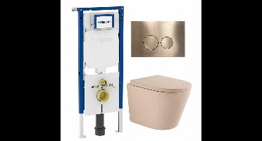 QeramiQ Dely Toiletset - 36.3x51.7cm - diepspoel - rimless - Geberit UP720 inbouwreservoir - softclose toilet zitting 35 mm - geborsteld messing bedieningsplaat - ronde knoppen - mat beige