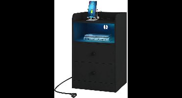 Nachtkastje - Bijzettafel - Nachtkastje met Oplaadstation – 2 USB-poorten - 2 Stopcontacten – Bijzettafel met Verstelbare LED-Verlichting – Houten Overbedtafel – Modern Slaapkamermeubel - 40x64x35 cm - Zwart