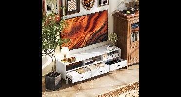 Tv Meubel – TV Kast – TV Dressoir – Media Meubel – Woonkamerkast – Wit Chipboard – Geschikt Voor 75 Inch – 3 Open Vakken & 3 Laden