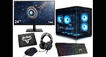 Ryzen 5 Budget Game PC Setup Compleet met 24" Gaming Monitor, Toetsenbord, Muis, Headset en Muismat|500GB SSD|16GB RAM|Mini Aquarium Case met aRGB Towercooler|WiFi 6|Bluetooth 5.4|Gamdias AURA GC10M