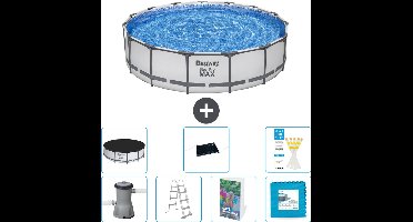 Bestway Rond Steel Pro MAX Zwembad - 457 x 107 cm - Grijs - Inclusief Pomp - Ladder - Afdekzeil - Solar Mat - Vloertegels - 8-delig