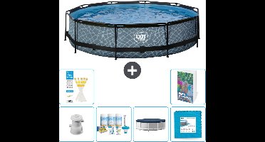 EXIT Rond Stone Frame Zwembad - 360 x 76 cm - Inclusief Pomp Onderhoudspakket - Afdekzeil - Vloertegels - 7-delig