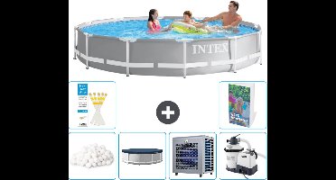 Intex Rond Prism Frame Zwembad - 366 x 76 cm - Grijs - Inclusief Filterbollen - Afdekzeil - Warmtepomp - Zwembadfilterpomp - 7-delig