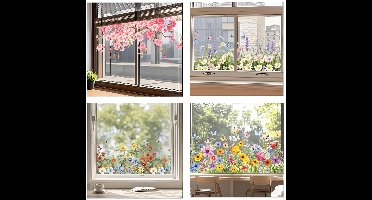 Set van 4 — 60 x 30 cm — Kleurrijke bloemenboeket-raamstickers | Bloemmotieven voor op glas | Met vlinder-, veldbloem- en graspaternen | Herbruikbaar & verwijderbaar | Ideaal voor de voorjaarsdecoratie thuis of op kantoor