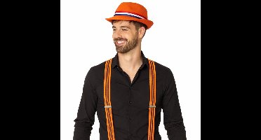 Verkleed oranje Trilby hoed - volwassenen - Koningsdag/Nederland - bretels oranje/zwart - supporters setje