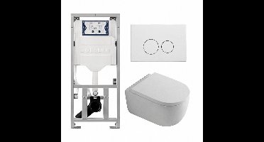 QeramiQ Dely Swirl Toiletset - 36.3x51.7cm - diepspoel - rimless - Geberit UP320 inbouwreservoir - met Burda frame - 35mm zitting - mat witte metalen bedieningsplaat - ronde knoppen - wit mat