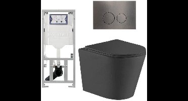 QeramiQ Dely Toiletset - 36.3x51.7cm - diepspoel - rimless - Geberit UP320 inbouwreservoir - met Burda frame - softclose toiletzitting - gunmetal bedieningsplaat - ronde knoppen - zwart mat