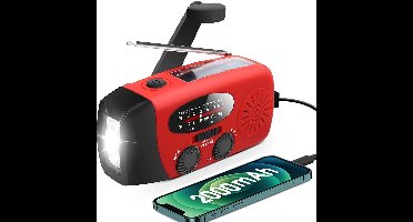 Noodradio met handzwengel en LED-zaklamp – AM/FM weerwaarschuwing radio – 2000 mAh powerbank – Zonne-energie & USB-oplaadbaar – Compacte draagbare noodradio voor kamperen, noodsituaties & stroomuitval – Multifunctionele weer radio – Rood