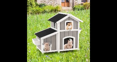 Kattenhuis – Kattenmand – Kattenhol – Kattenbed – Dierenhuis – Houten Kattenhuis Met Raam – Weerbestendig Bitumen Dak – 2 Springplatforms – 100x64x82,5 cm