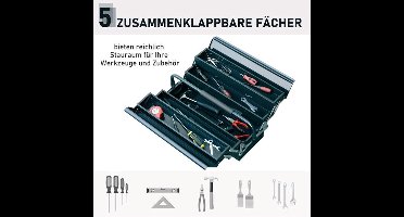 Gereedschapskist – Gereedschapsbox – Opbergkist – Gereedschapsdoos – Opbergbak – Donkergroen Staal – 5 Vakjes Inklapbaar – 45x22,5x34,5 cm Compact & Robuust