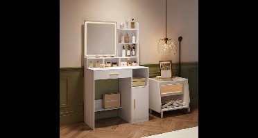 Sieradentafel – Kaptafel – Make-up Tafel – Vanity Table – Dressing Table – Verstelbare LED-Verlichting – Grote Opbergruimte – Wit Met Gouden Accenten
