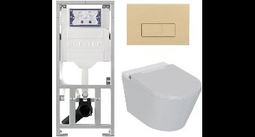 QeramiQ Luma Douche WC Set - Geberit UP320 inbouwreservoir - met Burda frame - fohn - ladydouche - bedieningsplaat beige - rechthoekige knoppen - glans wit