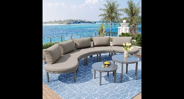 Learnlogic 5-zits tuinmeubelset, 2 salontafels van gehard glas, gegalvaniseerd ijzeren frame, comfortabel tuinmeubilair met grijze zitkussens en kussens, met verstelbare poten, elegante ronde bank