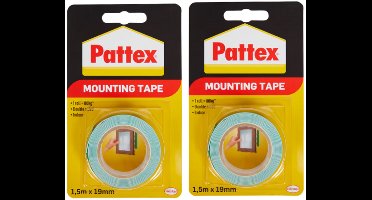 2 x Pattex Montagetape 20kg dubbelzijdig - Gebruik voor binnen - Montage tape - 19mmx1.5 Meter - 2 x 1,5 mtr.