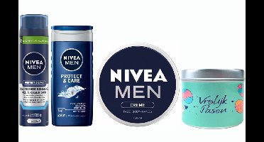 Nivea Cadeauset Men Pasen - Nivea Men Creme Blik 150 ml - Nivea Douche 250 ml For Men Protect & Care - Nivea Men Scheergel 200 ml Protect & Care - Gifts Snoepjeblikje Pasen