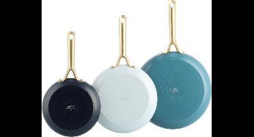 Greenpan Shades keramische inductie koekenpannenset 3-delig - 20,24 en 28cm - PFAS-vrij - Inductie koekenpan - Inductie pannenset - Ovenbestendig tot 200°C - Vaatwassergeschikt - RVS handgreep - 100% gerecycleerd aluminium - zonder deksel - Coastal