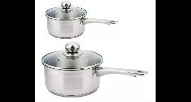 2 x steelpan / sauspan - steelpan met glazen deksel - Ø12 en Ø18 cm - RVS - 0,5 liter en 2,1 liter