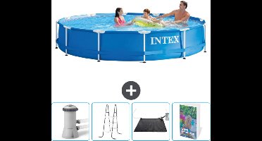 Intex Rond Frame Zwembad - 366 x 76 cm - Blauw - Inclusief Zwembadfilterpomp - Ladder - Solar Mat - Zwembadgids