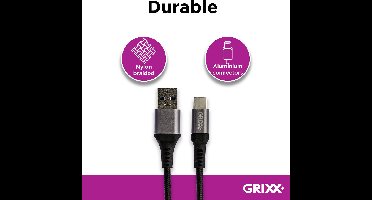 Grixx USB-C naar USB-A Kabel - Gevlochten - 3 meter - Zwart