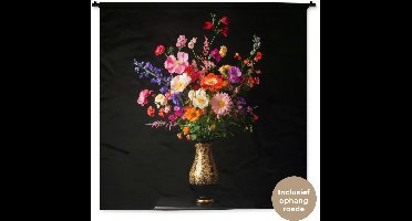Wandkleed 150x150 cm - Wanddoek Kleurrijk - Boeket - Vaas - Goud - Wandtapijt - Wandkleden