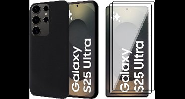 Hoesje geschikt voor Samsung Galaxy S25 Ultra - 2x Screenprotector Glas - Mat Back Case Zwart