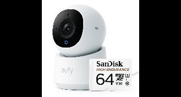 eufy Security Indoor camera E30 – Indoor Cam - 4K UHD – Pan & Tilt – AI Mens- en Huisdierdetectie – Kleurennachtzicht – Tweewegcommunicatie – Lokale Opslag + SanDisk High Endurance MicroSD Card 64GB, Tot 5.000 Uur Opnemen, Full HD En 4K
