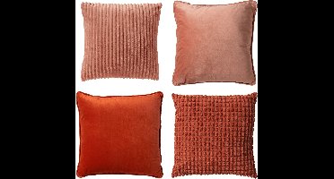 Dutch Decor - KUSSENSET - 4-delig Mixed Textures - 45x45 cm - inclusief binnenkussens - oranje, roze - Met Ritssluiting – Decoratie Kussens - Comfortabele kussentjes voor op de Bank